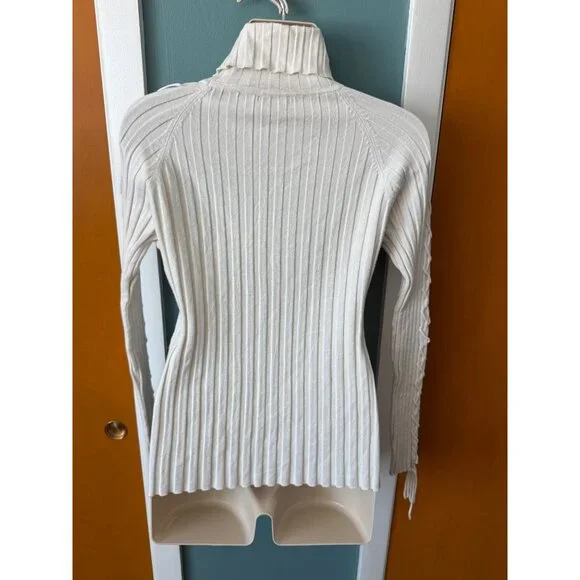 Vintage Cache Womens Turtleneck Size M Ivory Ribbed w Braided Sleeves and Front - Picture 9 of 16
